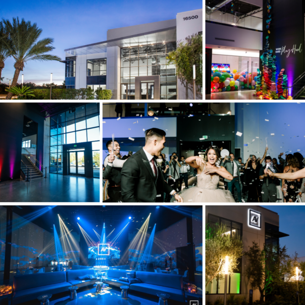 A collage of images from [AV] Irvine event venue showing the interior and exterior and how it is perfect for holiday celebrations