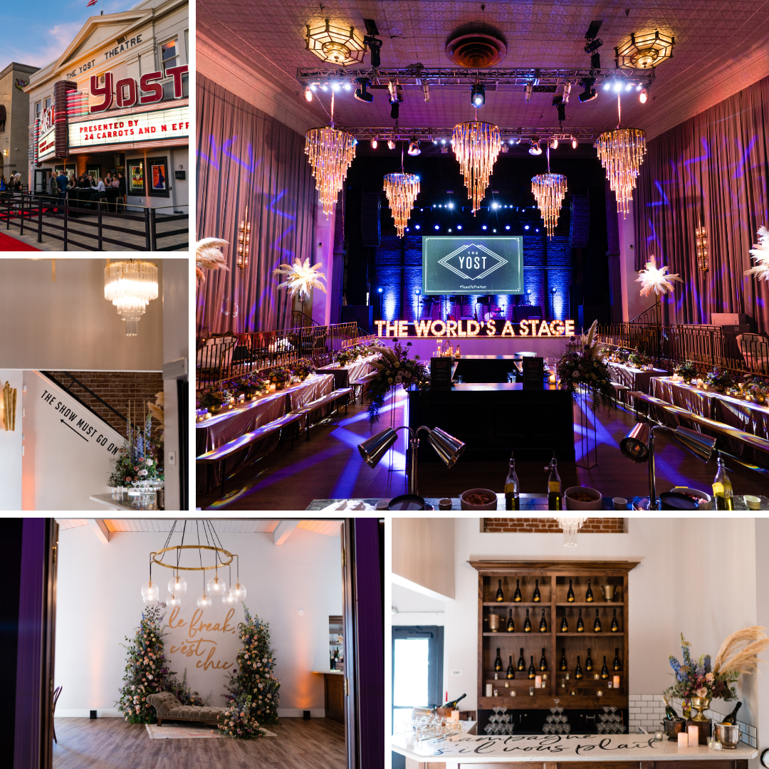 Collage of images from the Yost Theater (interior and exterior) that have a holiday feel